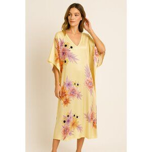NATORI CRUZ robe kaftan muumuu dress kimono satin XL floral midi lounge